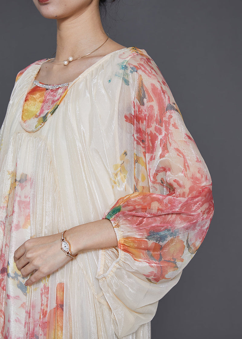 Apricot Oversized Print Chiffon Vacation Dresses Lantern Sleeve