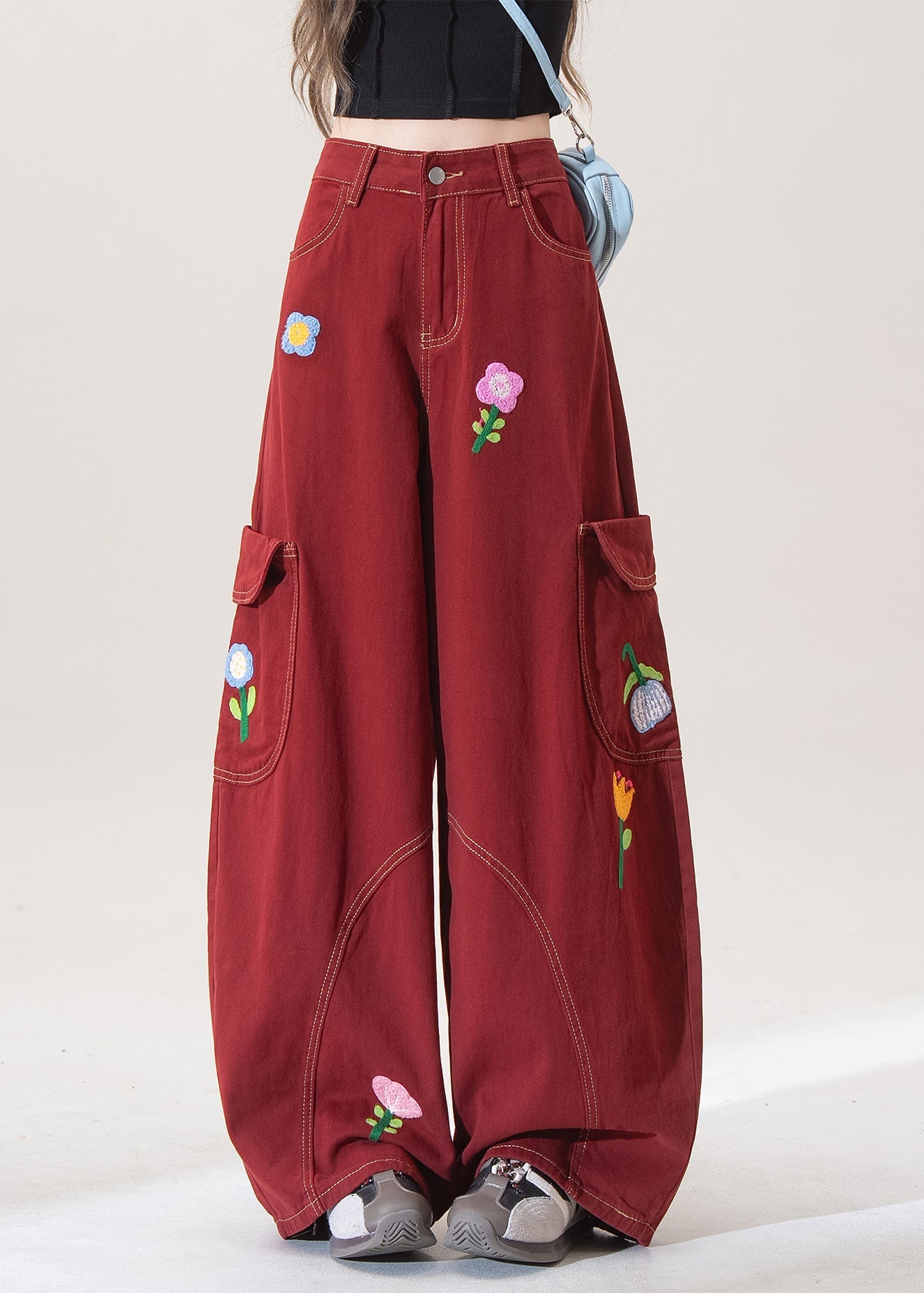 Stylish Red Pockets Denim Wide Leg Pants Fall