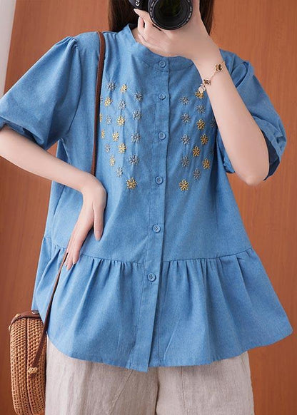 Blue Embroideried O-neck Cotton Summer Shirts