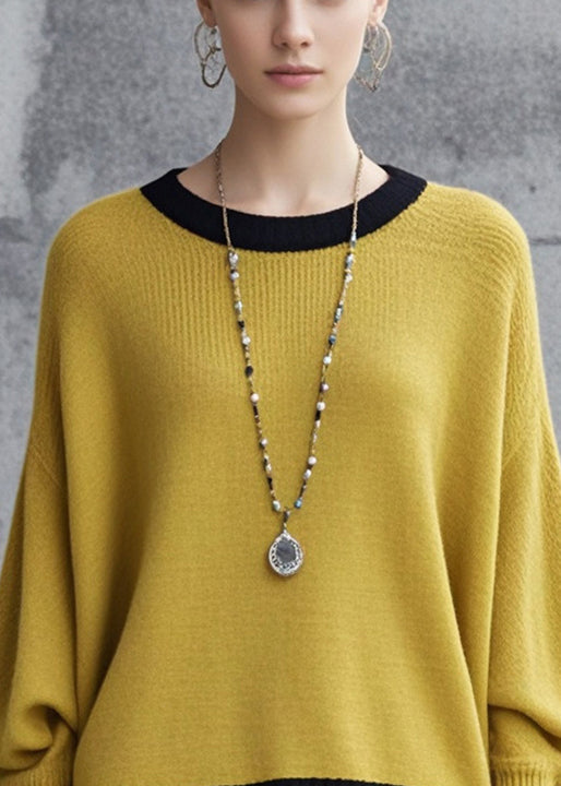Yellow Oversized Patchwork Knit Sweaters Fall