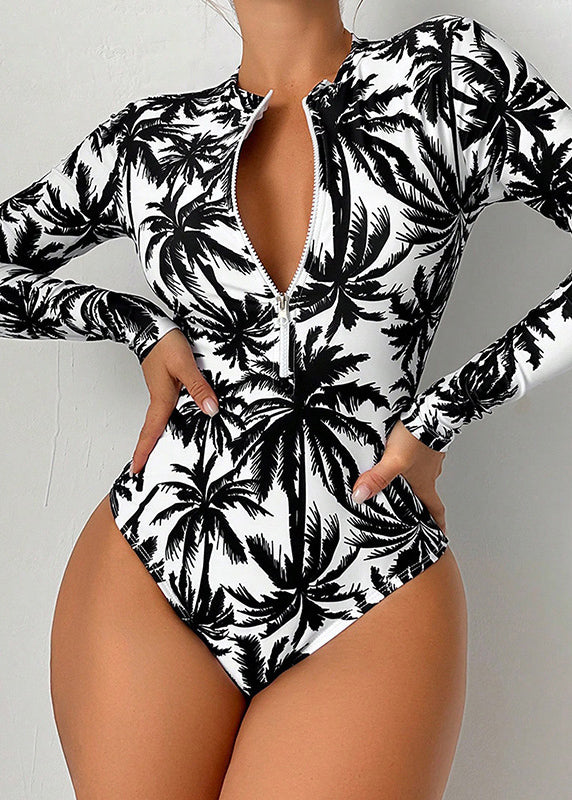 White Print Zippered Bodysuit Swimwear