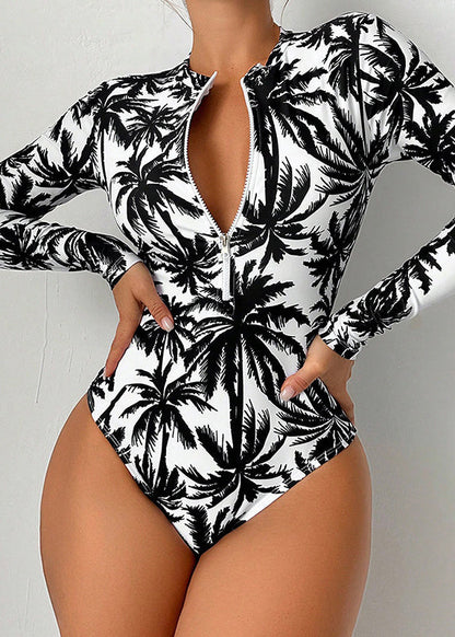 White Print Zippered Bodysuit Swimwear