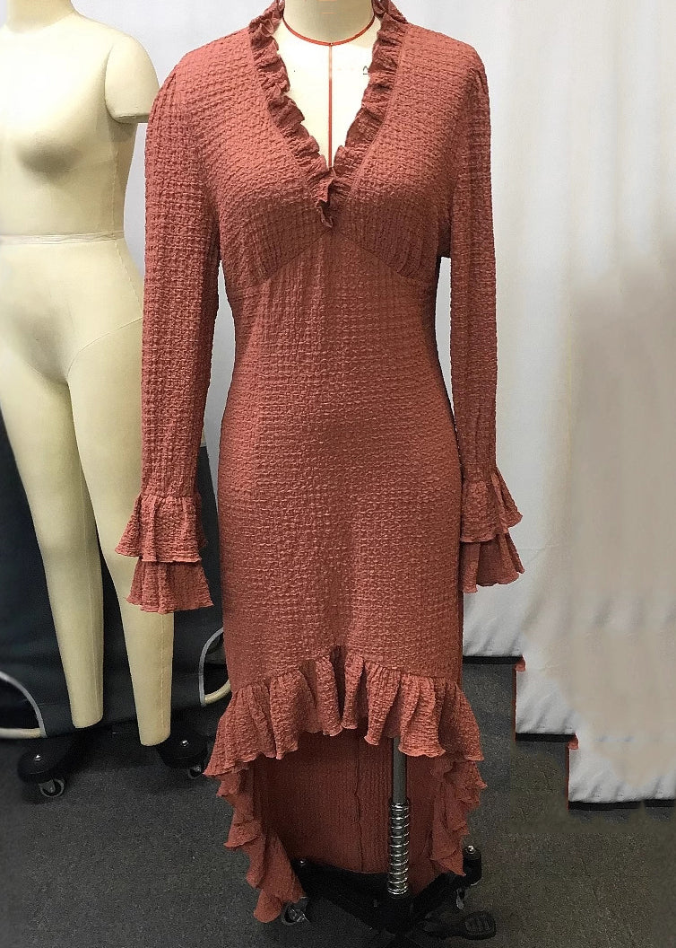 Brick Red Ruffled Low High Design Patchwork Cotton Maxi Dresses Spring