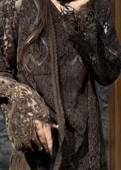 Fine Chocolate V Neck Hollow Out Lace Shirt Top Flare Sleeve