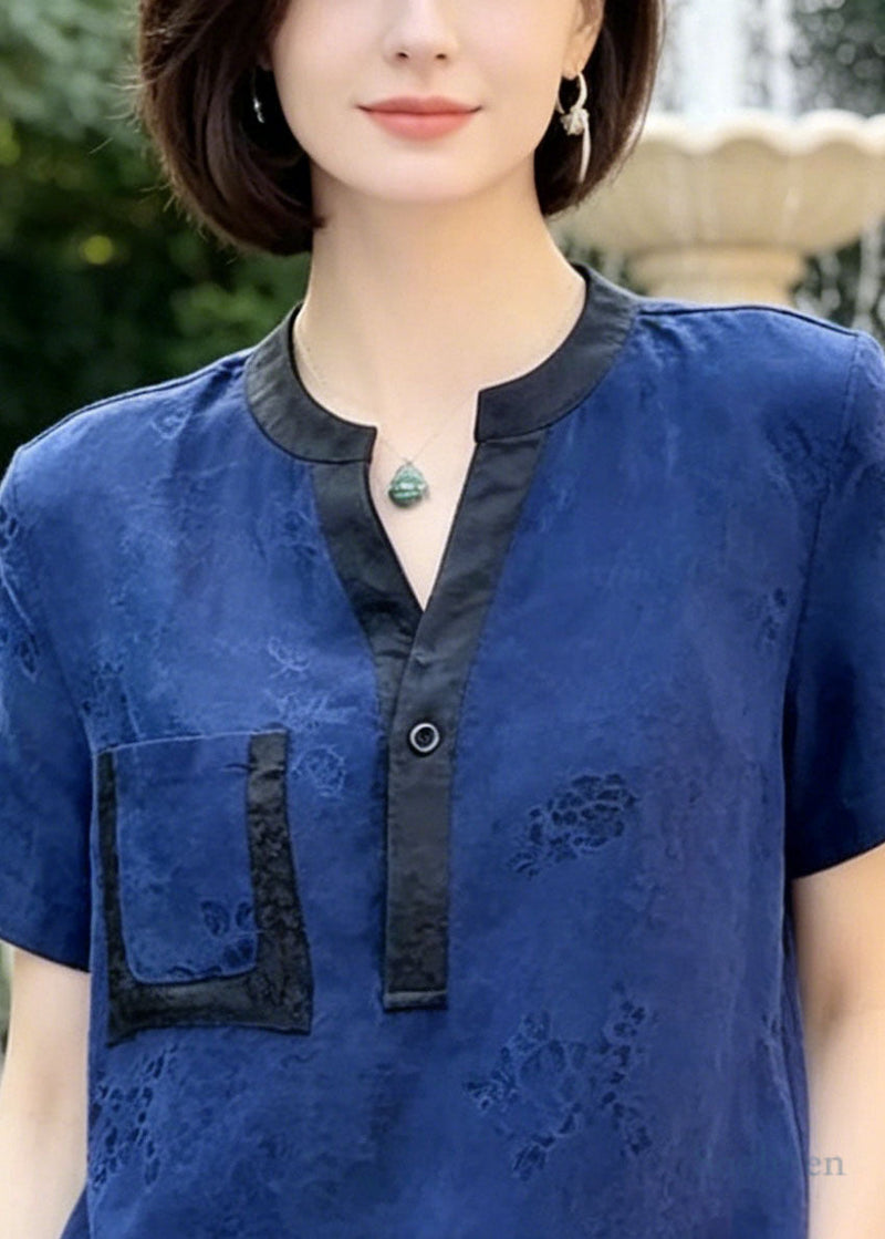 Blue Jacquard Patchwork Pocket Silk Blouses Summer
