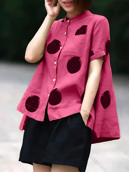 Blue Dot Print Patchwork Linen Top Button Stand Collar Summer