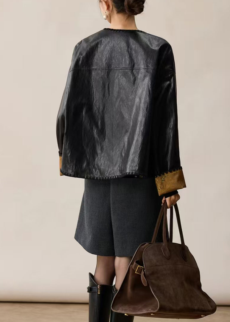 Stylish Black O Neck Wear on Both Sides Faux Leather Coat Spring