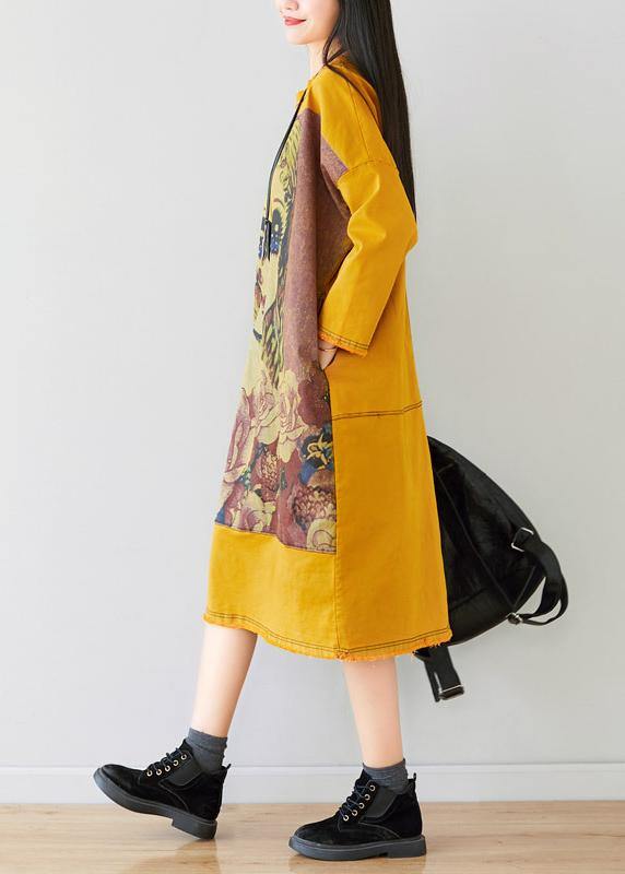 French Yellow U Neck Dress Character Print Spring Ankle Dress