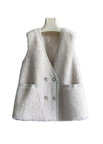 Beige V Neck Pockets Button Wool Vest Sleeveless
