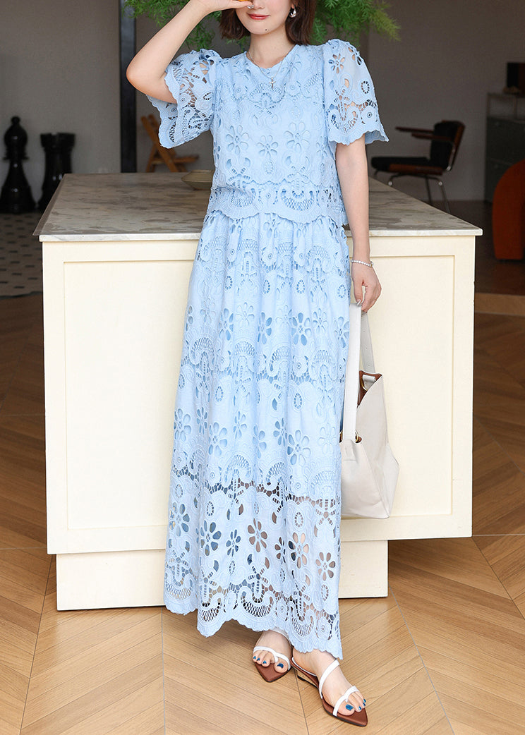 Blue Embroidered Hollow Out Cotton Two Pieces Set Summer