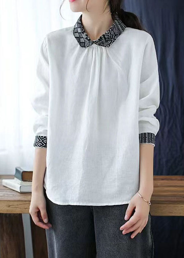 White Peter Pan Collar Patchwork Linen Blouse Tops Spring