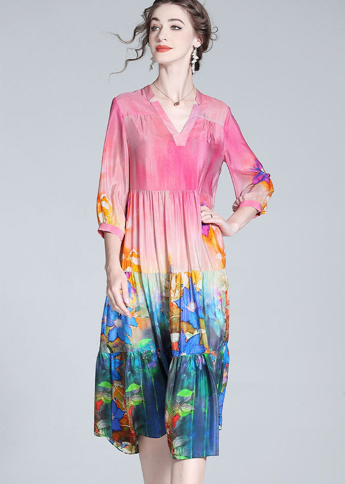 Colorblock V Neck Print Wrinkled Silk Dresses Bracelet Sleeve