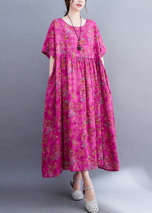Rose Print Patchwork Long Dresses Short Sleeve
