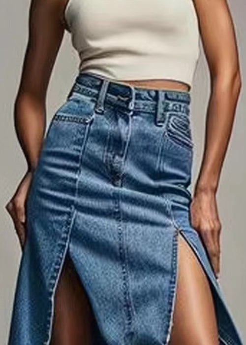 Blue Zippered Side Open High Waist Denim Skirt Summer