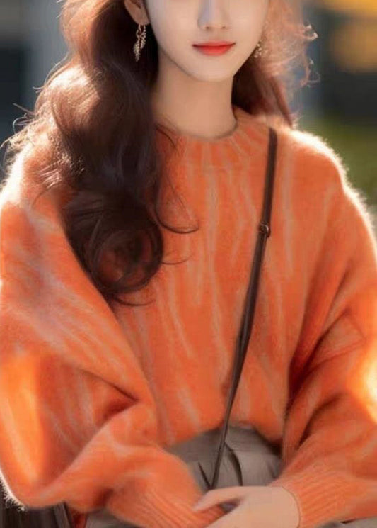 Orange O Neck Cozy Cotton Knit Sweaters Long Sleeve
