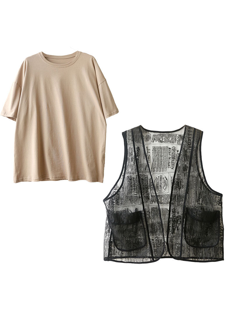 Khaki O-neck Color Cotton Tanks and Black Embroideried Tulle Vest Two Pieces Set Summer