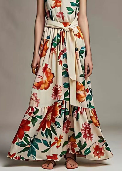 Beige V Neck Print Tie Waist Cotton Long Dresses Sleeveless