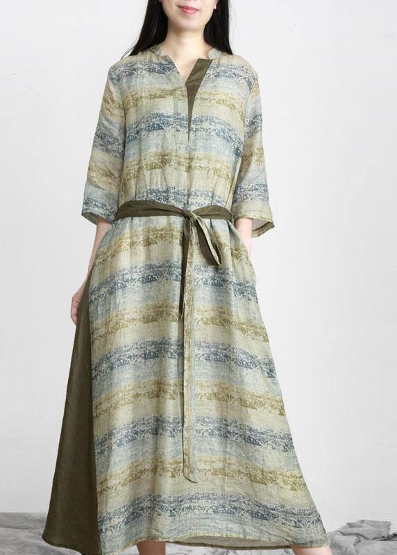 Handmade Green Print V Neck Robe Linen Dresses Half Sleeve