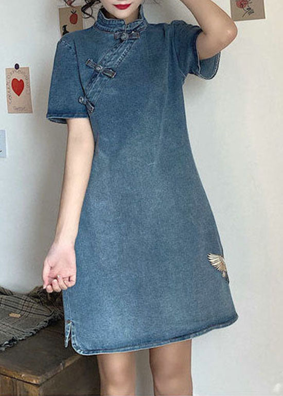 Blue Stand Collar Button Embroideried Denim Dresses Short Sleeve
