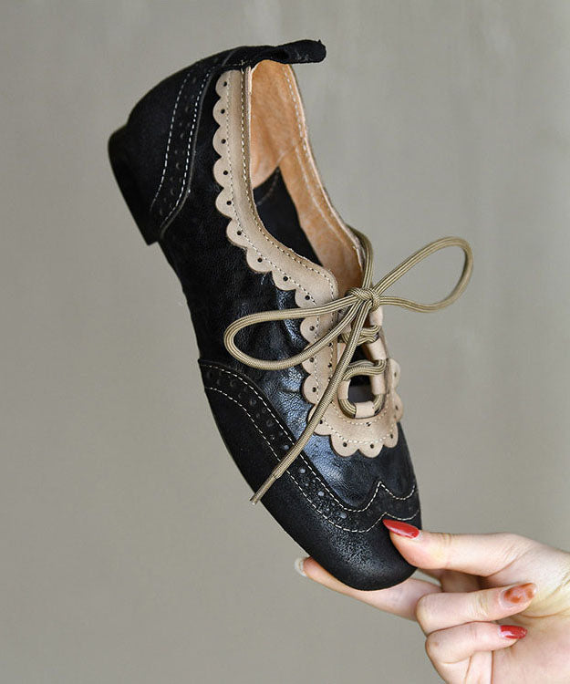 Black Sheepskin Lace Up Splicing Loafers