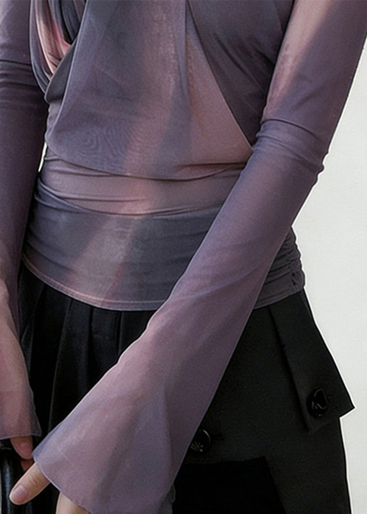 Purple One Shoulder Wrinkled Tulle Shirt Spring