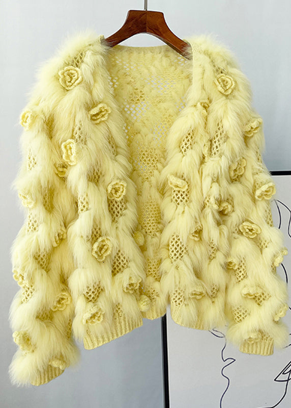 Yellow Patchwork Mink Hair Knitted Coats Lantern Sleeve