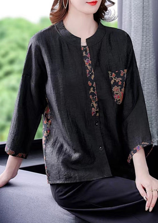 Black Stand Collar Wrinkled Patchwork Silk Coats Bracelet Sleeve