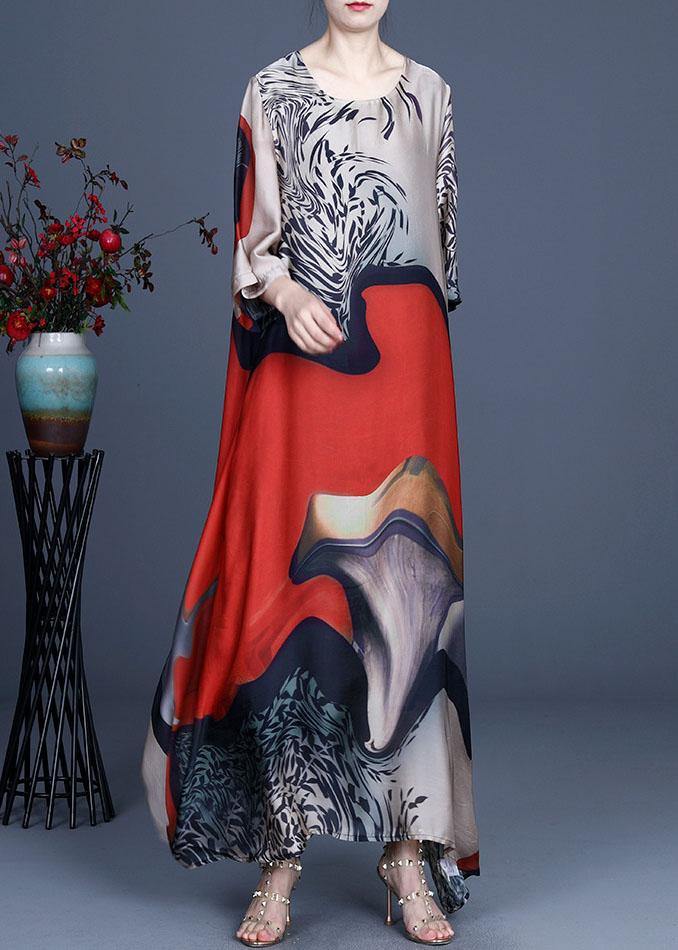 Modern Blue Print Asymmetrical Design Summer Silk Long Dress