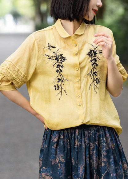 Organic Yellow Embroideried Lace Patchwork Ramie Shirts Fall