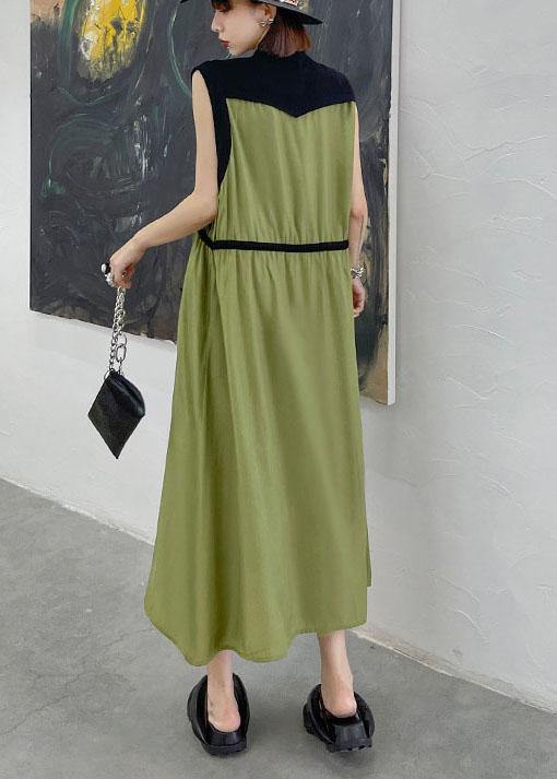 Comfy Army Green Patchwork Button Tie Waist Summer Long Dress