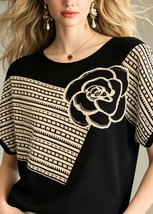 Loose Black O Neck Zircon Knit Top Summer