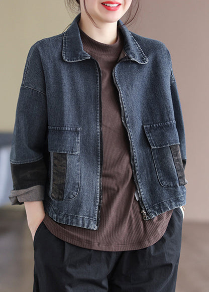 Blue Peter Pan Collar Patchwork Pockets Denim Coats Long Sleeve