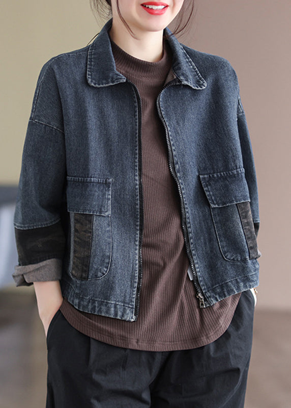 Blue Peter Pan Collar Patchwork Pockets Denim Coats Long Sleeve