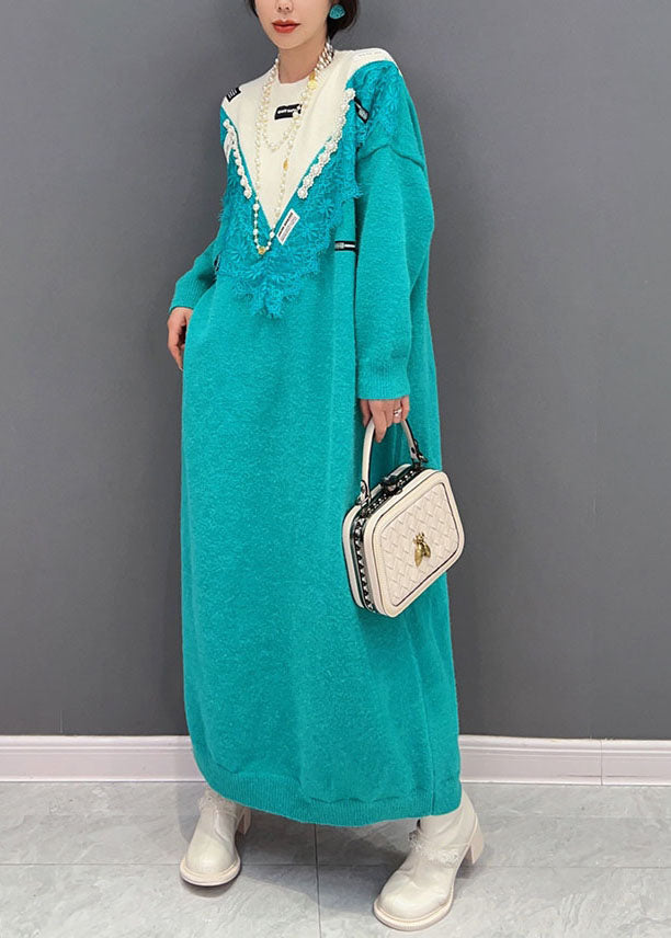 Blue O-neck Oversized Lace Patchwork Knit Long Sweater Spring