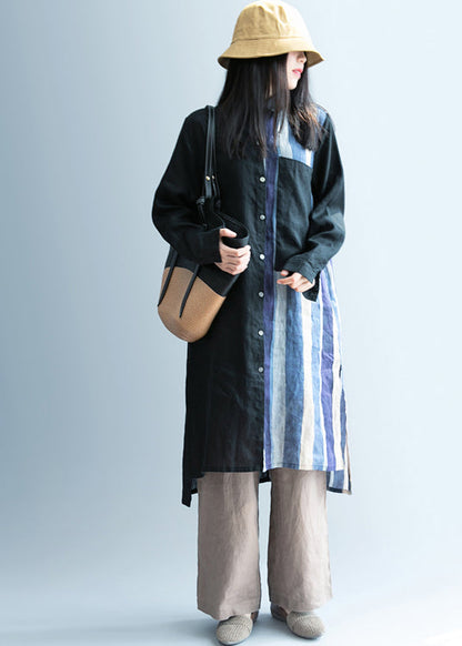 Black Low High Design Striped Linen Long Shirt Spring
