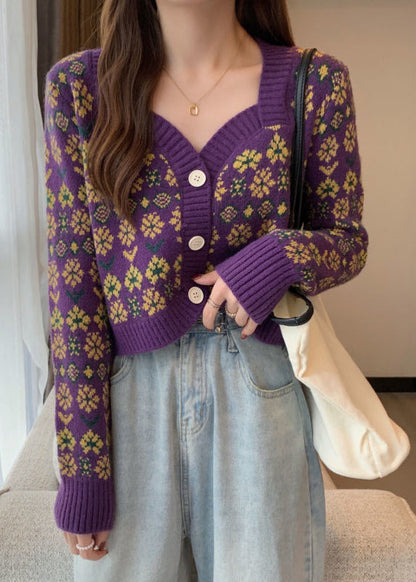 Purple V Neck Button Print Knit Short Cardigans Spring
