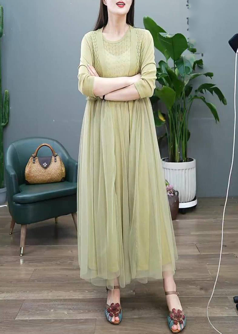 Organic Green Hollow Out O-neck Tulle Patchwork Long Dress Two Pieces Set Long Sleeve