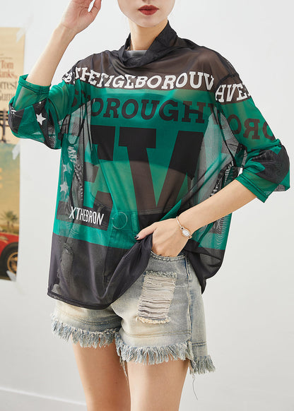 Green Turtle Neck Letter Print Tulle Tops Fall