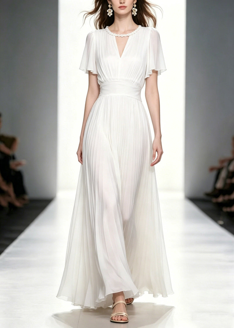 Fitted White O-neck Wrinkled Tunic Chiffon Long Dresses Summer