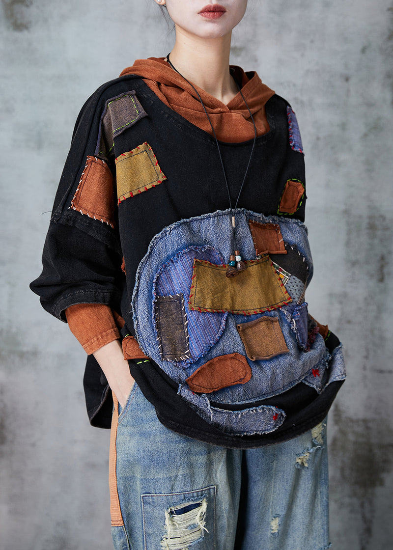 Black Hooded Patchwork Applique Cotton Pullover Sweatshirt Spring
