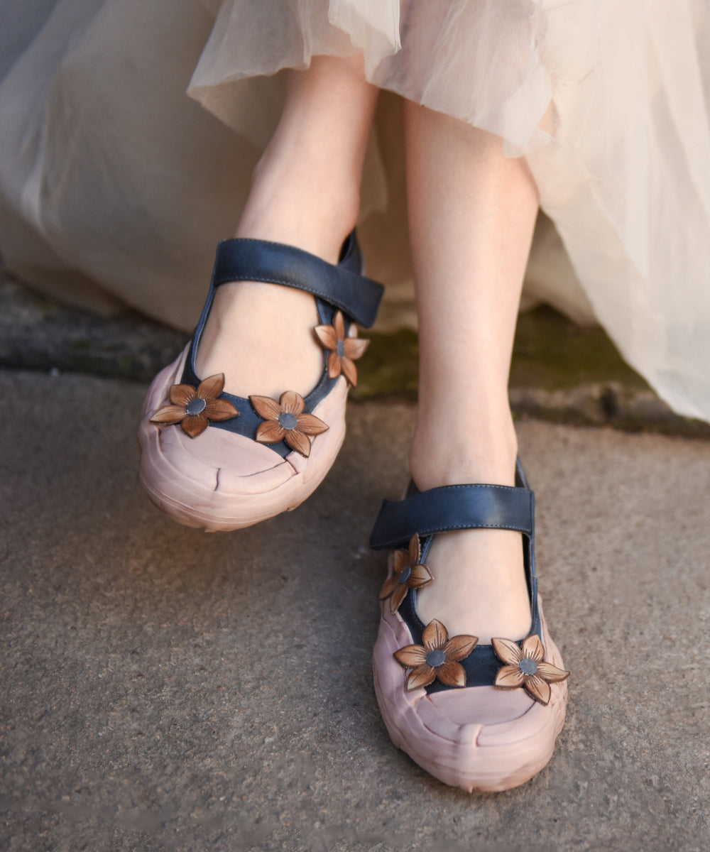 Handmade Blue Cowhide Leather Flat Shoes Buckle Strap