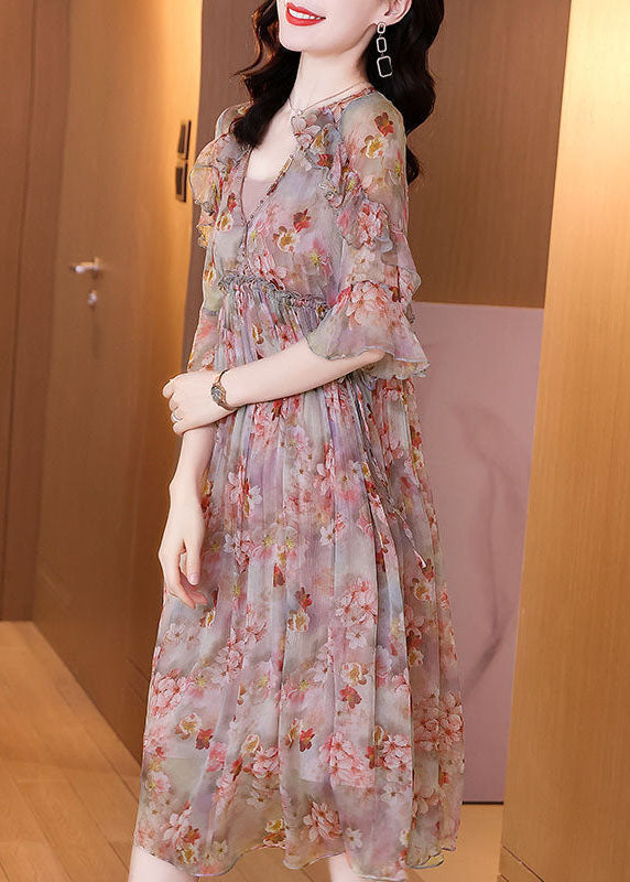 Pink Ruffled Print Chiffon Beach Dress Summer