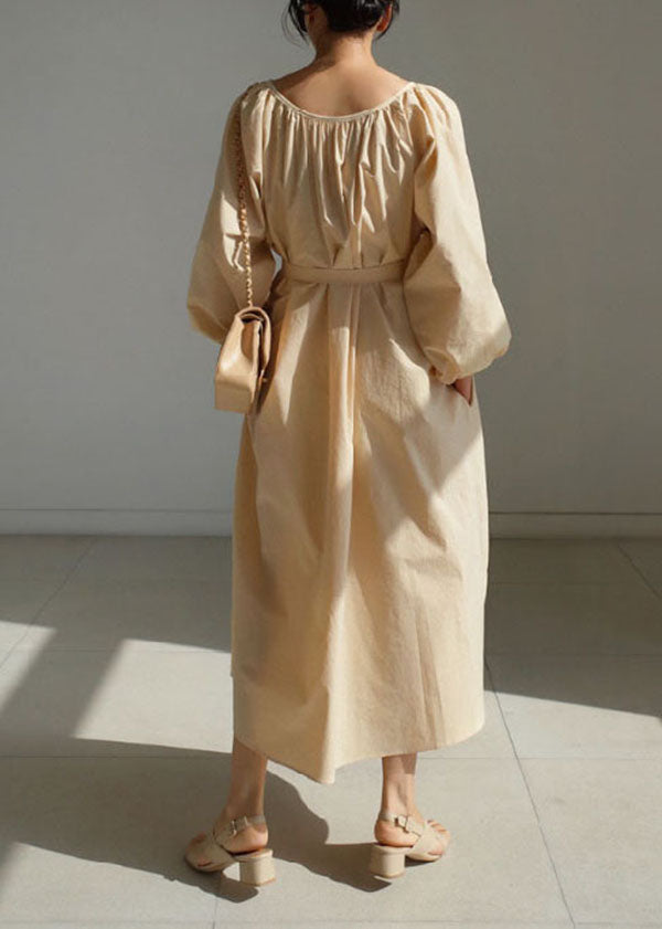 Fitted Beige Lantern Sleeve Pockets Cotton Dress