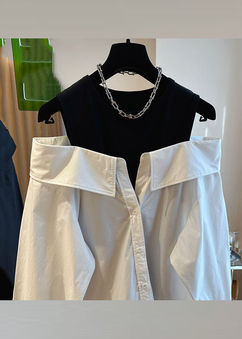Style Black O-neck Off Shoulder Patchwork Shirts Long Sleeve