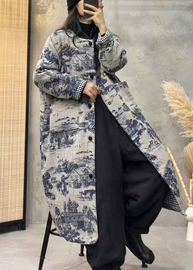 Blue Print Pockets Cotton Filled Long Trench Coat Long Sleeve