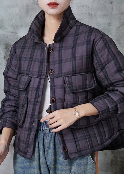 Handmade Purple Plaid Pockets Fine Cotton Filled Witner Coats