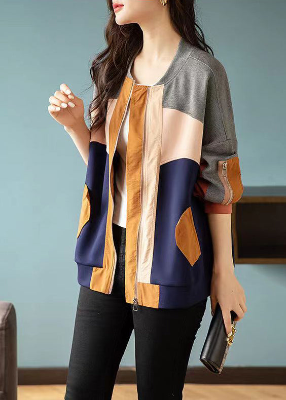 Colorblock Zip Up Asymmetrical Patchwork Cotton Coat Fall