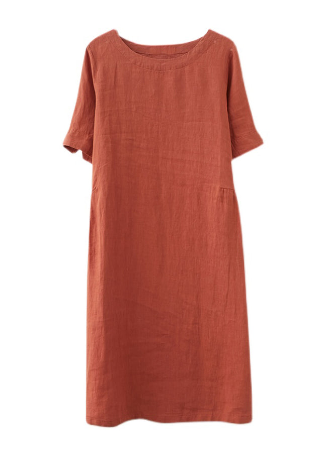 Orange O-neck Wrinkled Pockets Linen Dresses Short Sleeve