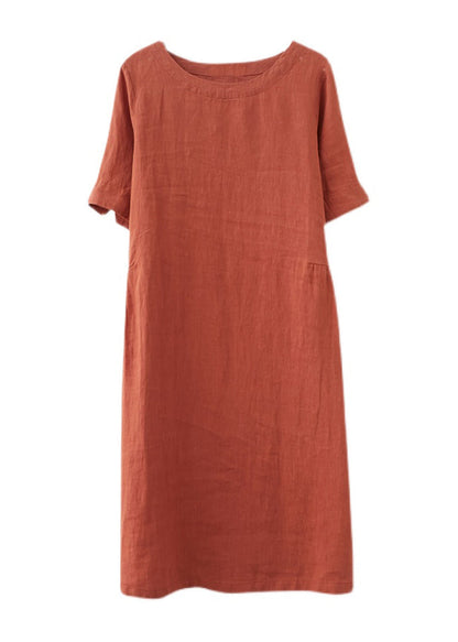 Orange O-neck Wrinkled Pockets Linen Dresses Short Sleeve