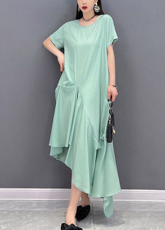 Loose Green O-neck Asymmetrical Pockets Dress Short Sleeve